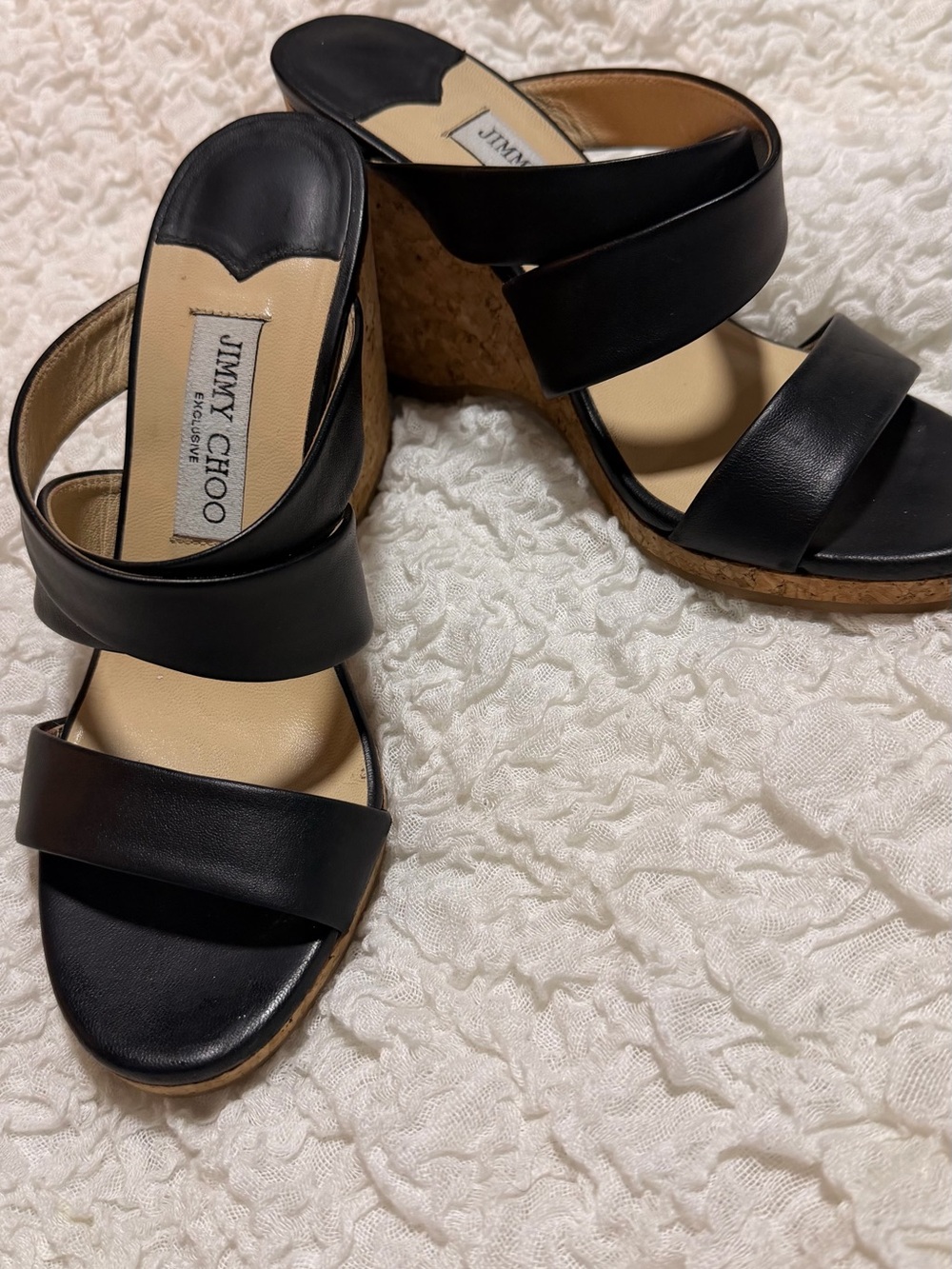 Jimmy Choo Black Leather Cork Wedge Sandals ( runs small)